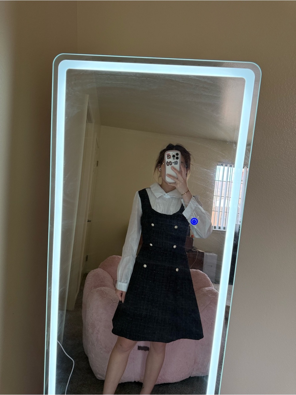 Black Tweed Pinafore Dress with White Blouse